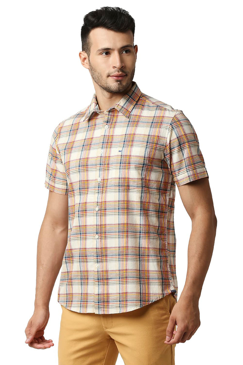 BASICS SLIM FIT TWILL CHECKS HALFSLEEVES SHIRT