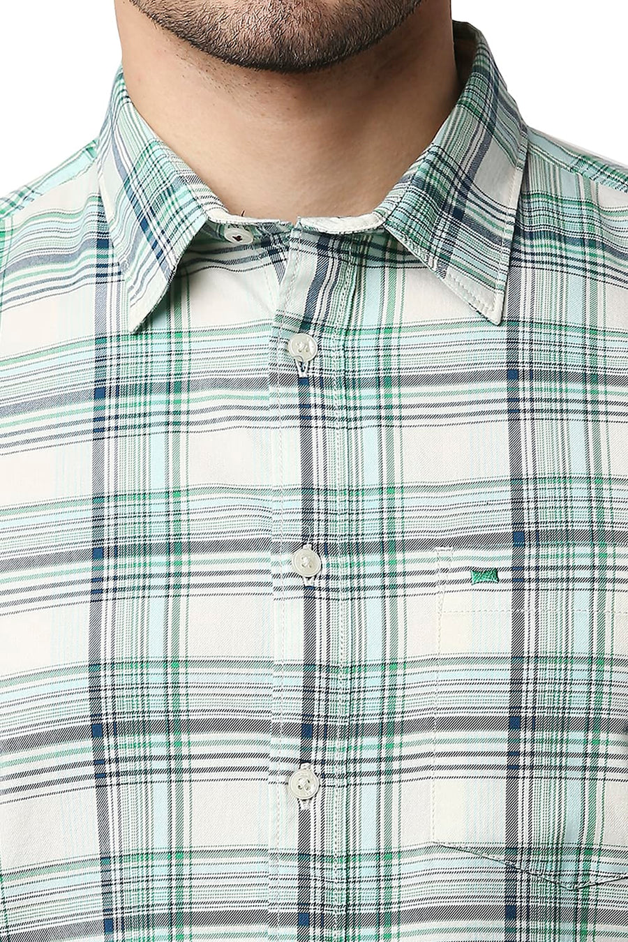 BASICS SLIM FIT FAIR AQUA TWILL CHECKS SHIRT
