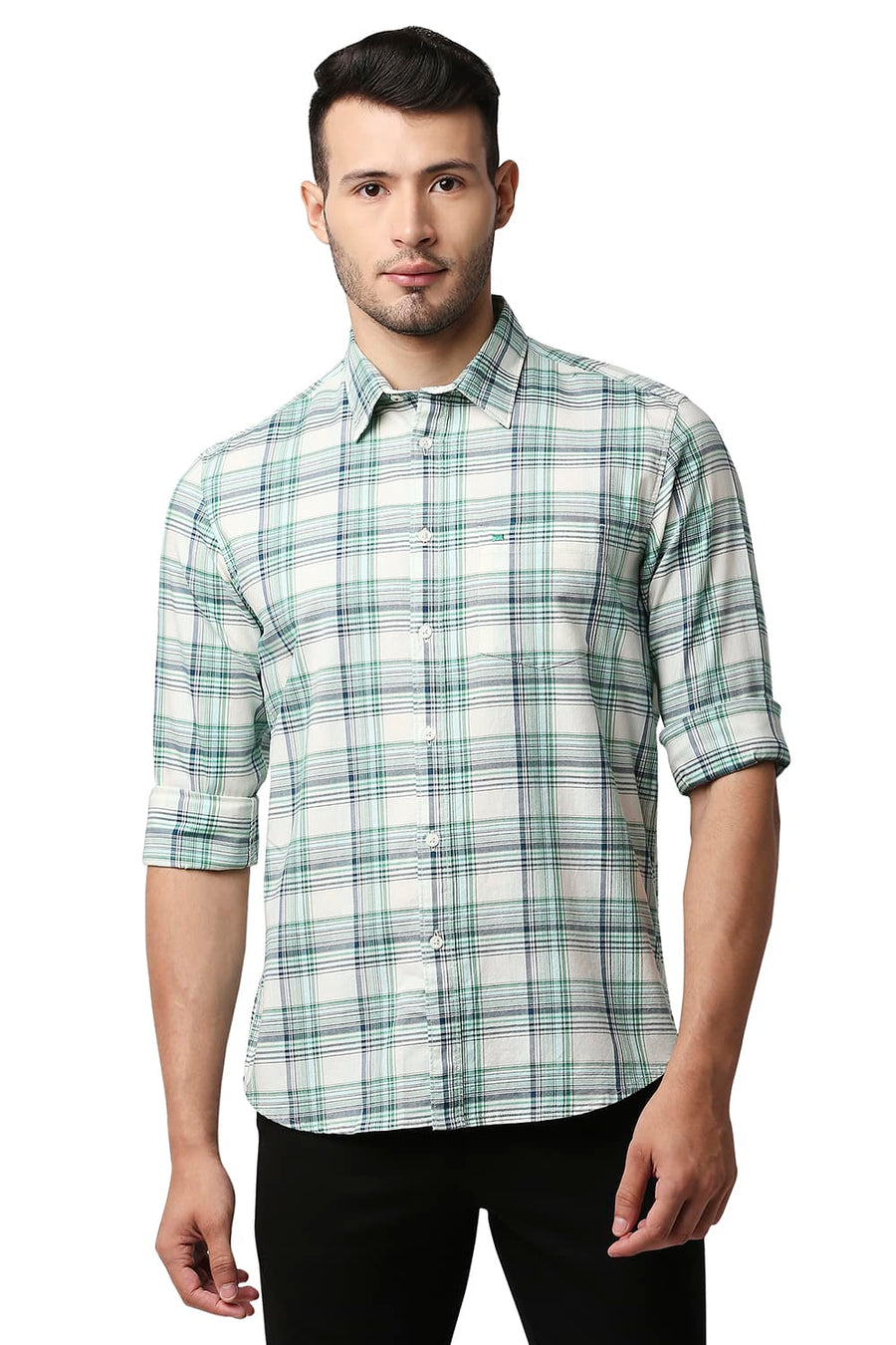 BASICS SLIM FIT FAIR AQUA TWILL CHECKS SHIRT