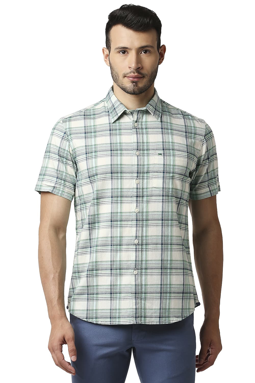 BASICS SLIM FIT TWILL CHECKS HALFSLEEVES SHIRT