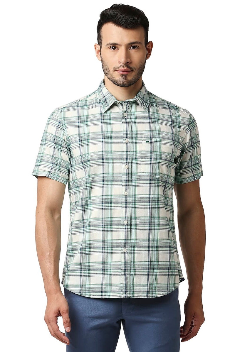 BASICS SLIM FIT TWILL CHECKS HALFSLEEVES SHIRT