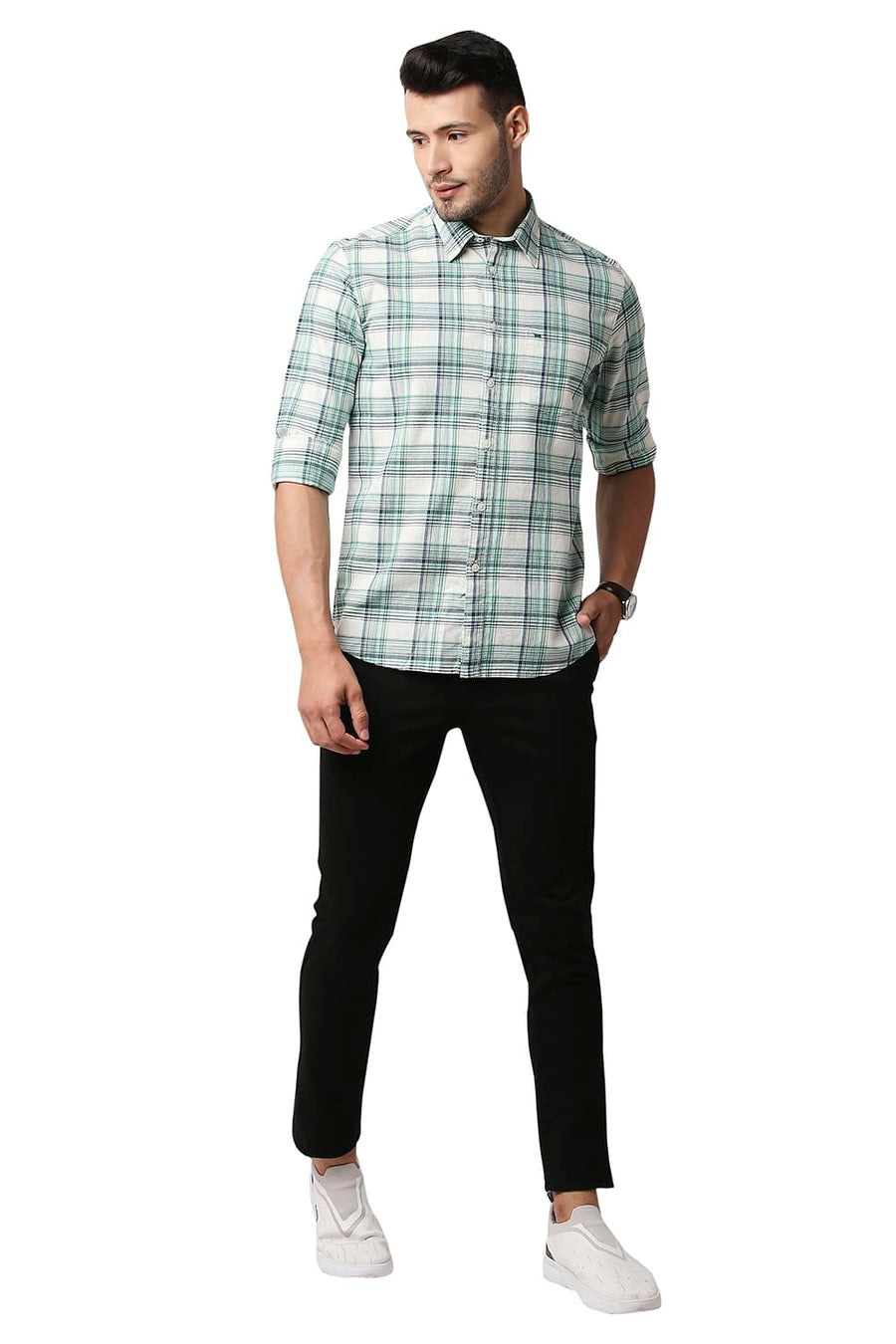 BASICS SLIM FIT FAIR AQUA TWILL CHECKS SHIRT