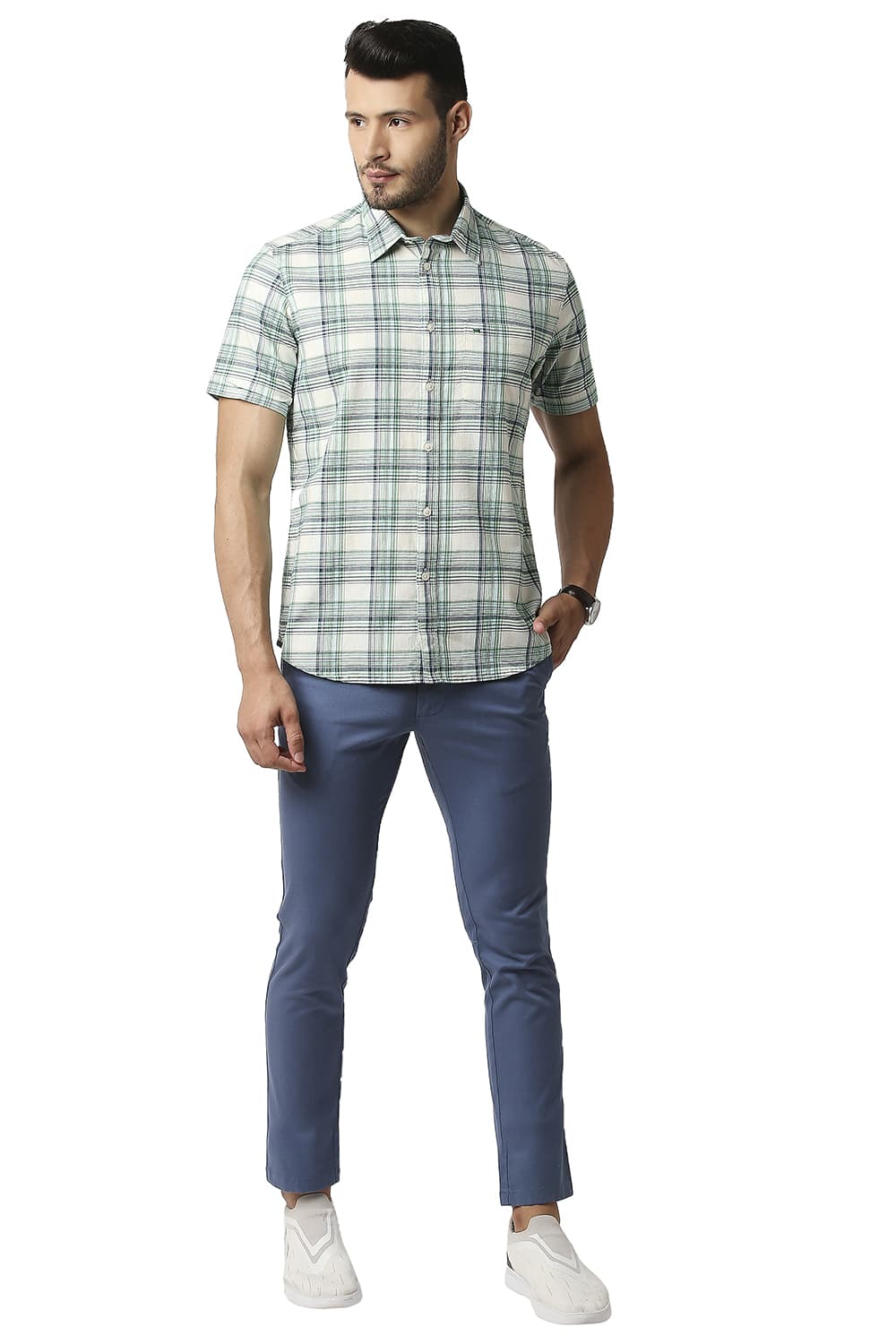 BASICS SLIM FIT TWILL CHECKS HALFSLEEVES SHIRT