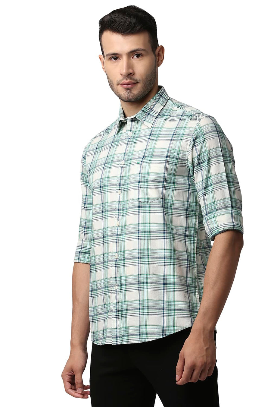BASICS SLIM FIT FAIR AQUA TWILL CHECKS SHIRT