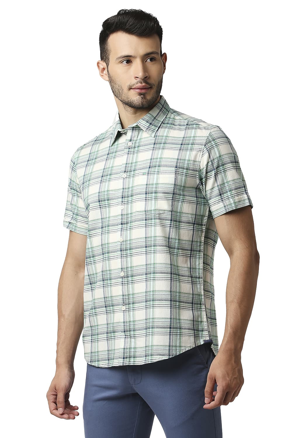 BASICS SLIM FIT TWILL CHECKS HALFSLEEVES SHIRT