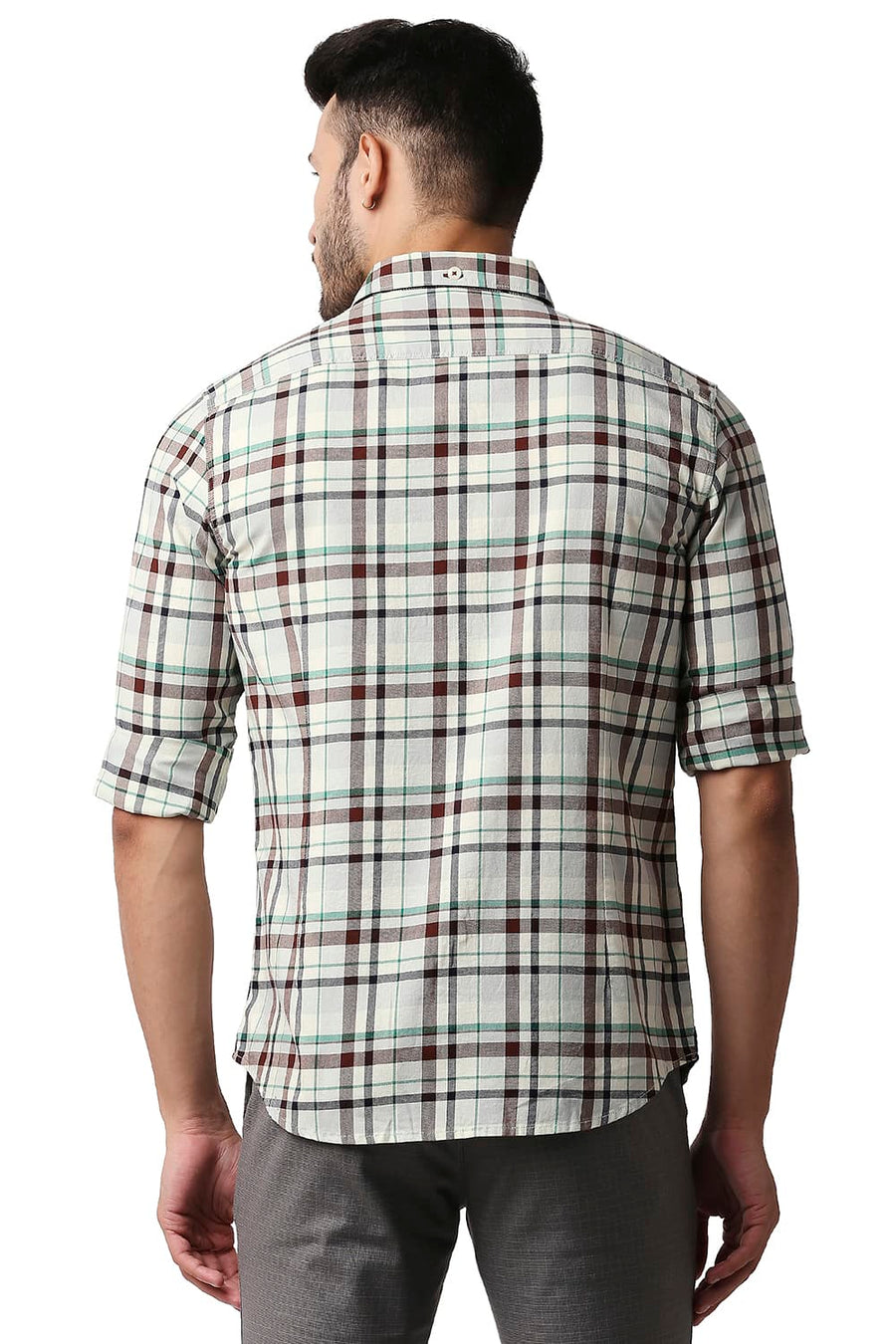 BASICS SLIM FIT WINTER BEIGE TWILL CHECKS SHIRT