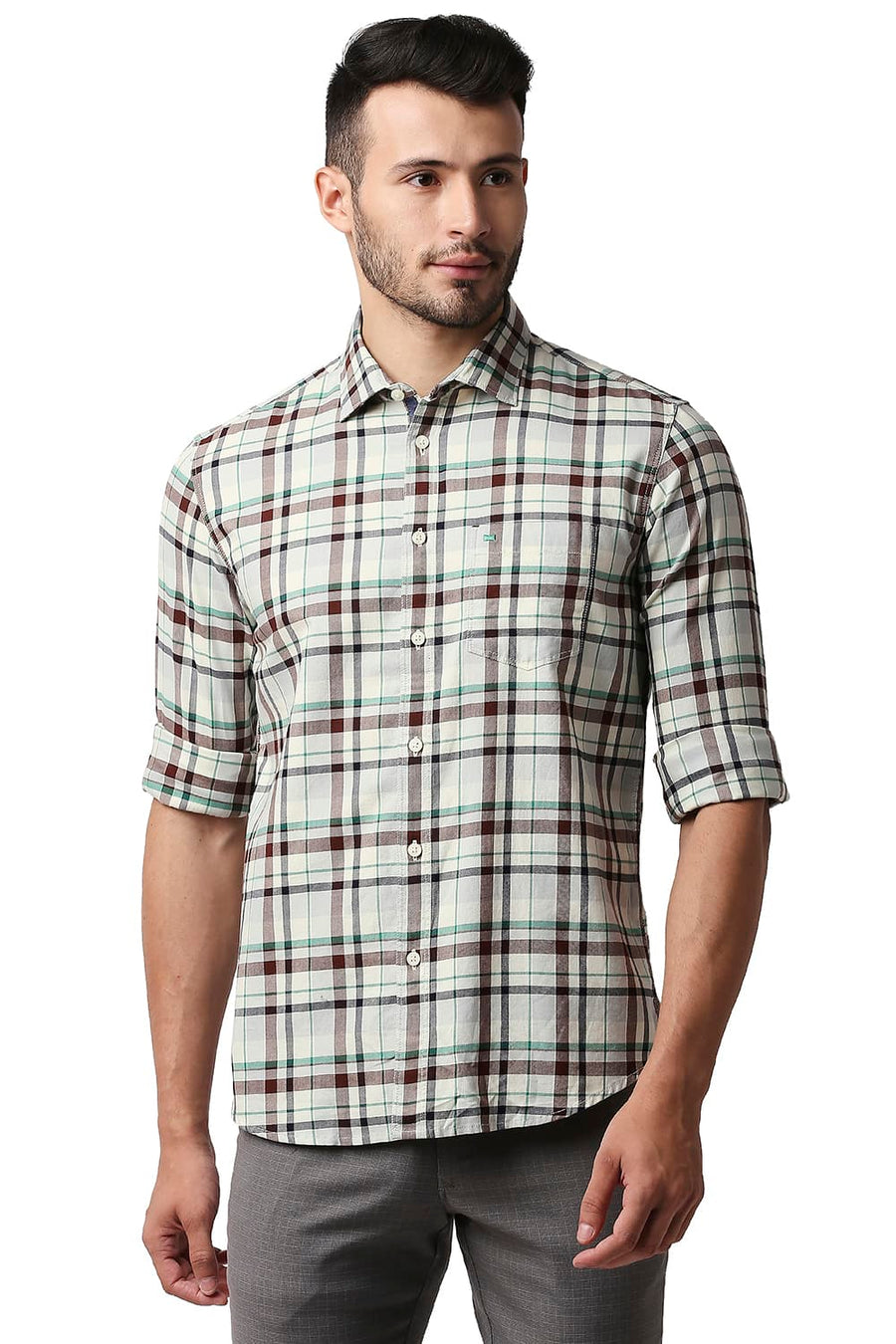 BASICS SLIM FIT WINTER BEIGE TWILL CHECKS SHIRT