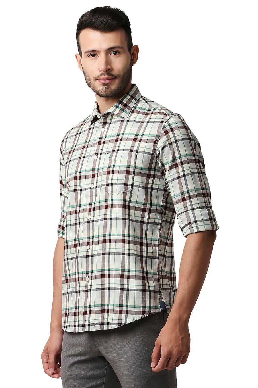 BASICS SLIM FIT WINTER BEIGE TWILL CHECKS SHIRT