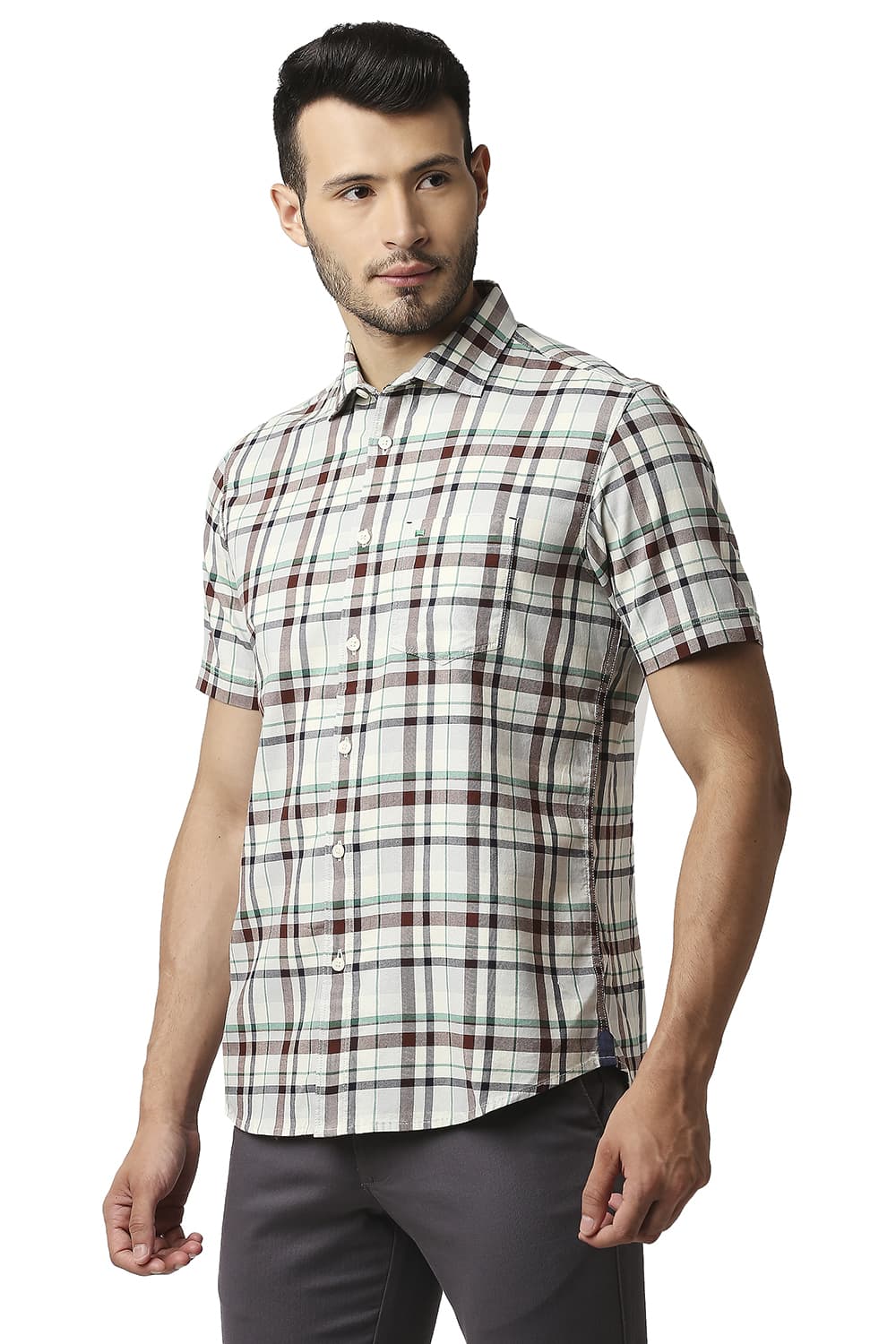 BASICS SLIM FIT TWILL CHECKS HALFSLEEVES SHIRT