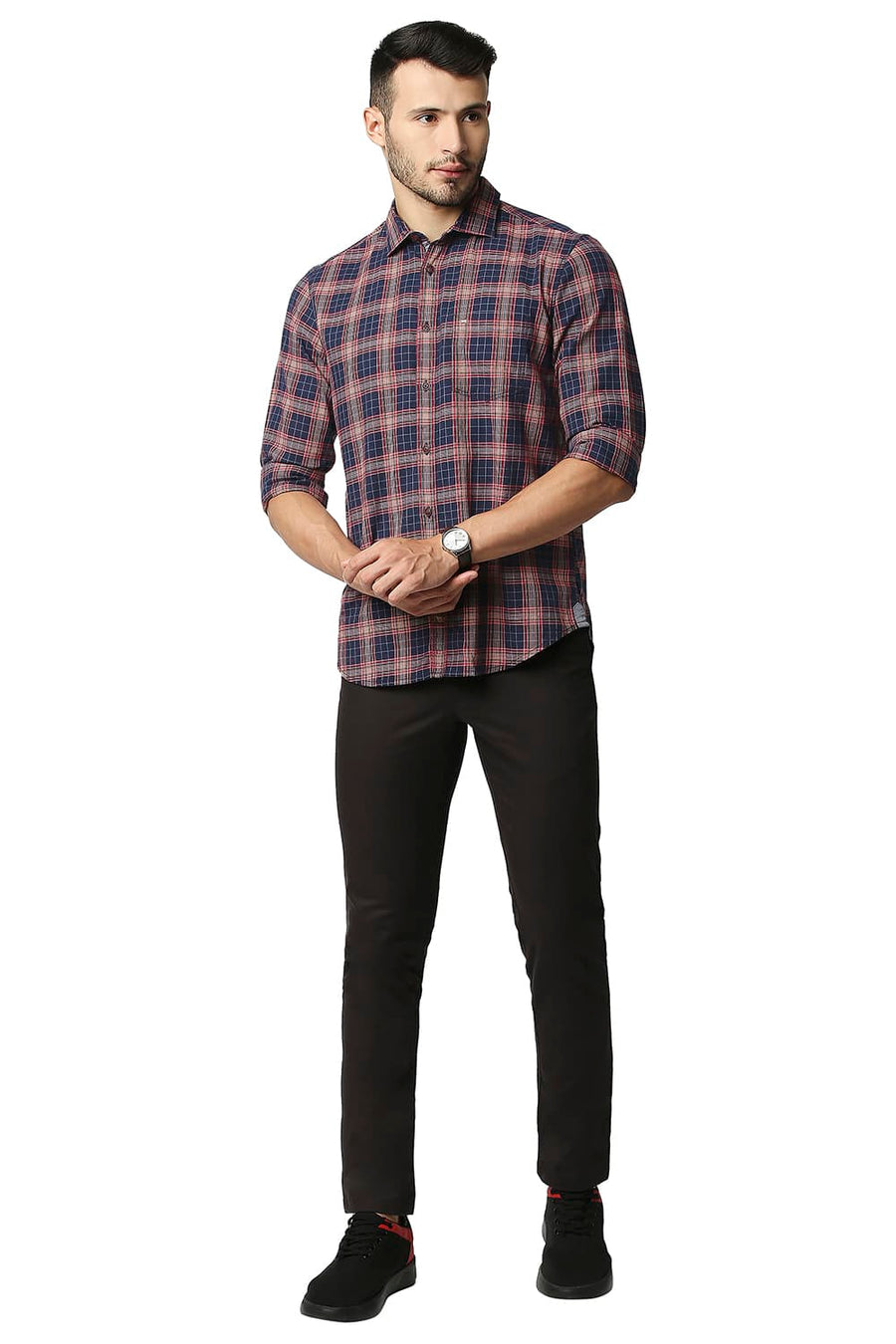 BASICS SLIM FIT BALLAD GREY TWILL CHECKS SHIRT