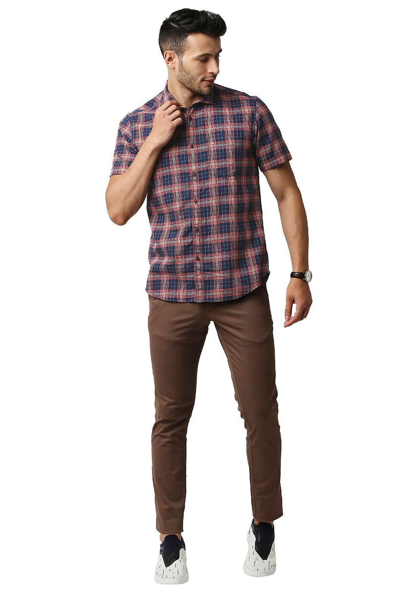 BASICS SLIM FIT TWILL CHECKS HALFSLEEVES SHIRT