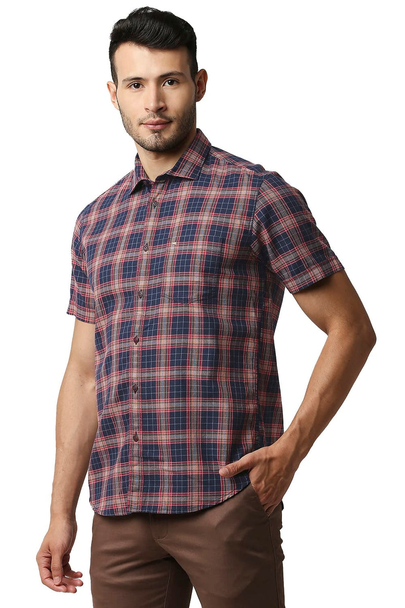 BASICS SLIM FIT TWILL CHECKS HALFSLEEVES SHIRT