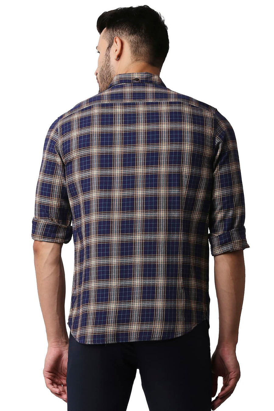 BASICS SLIM FIT TWILIGHT NAVY TWILL CHECKS SHIRT