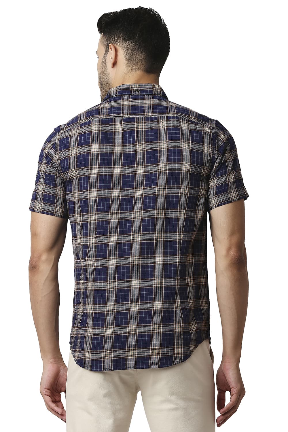 BASICS SLIM FIT TWILL CHECKS HALFSLEEVES SHIRT