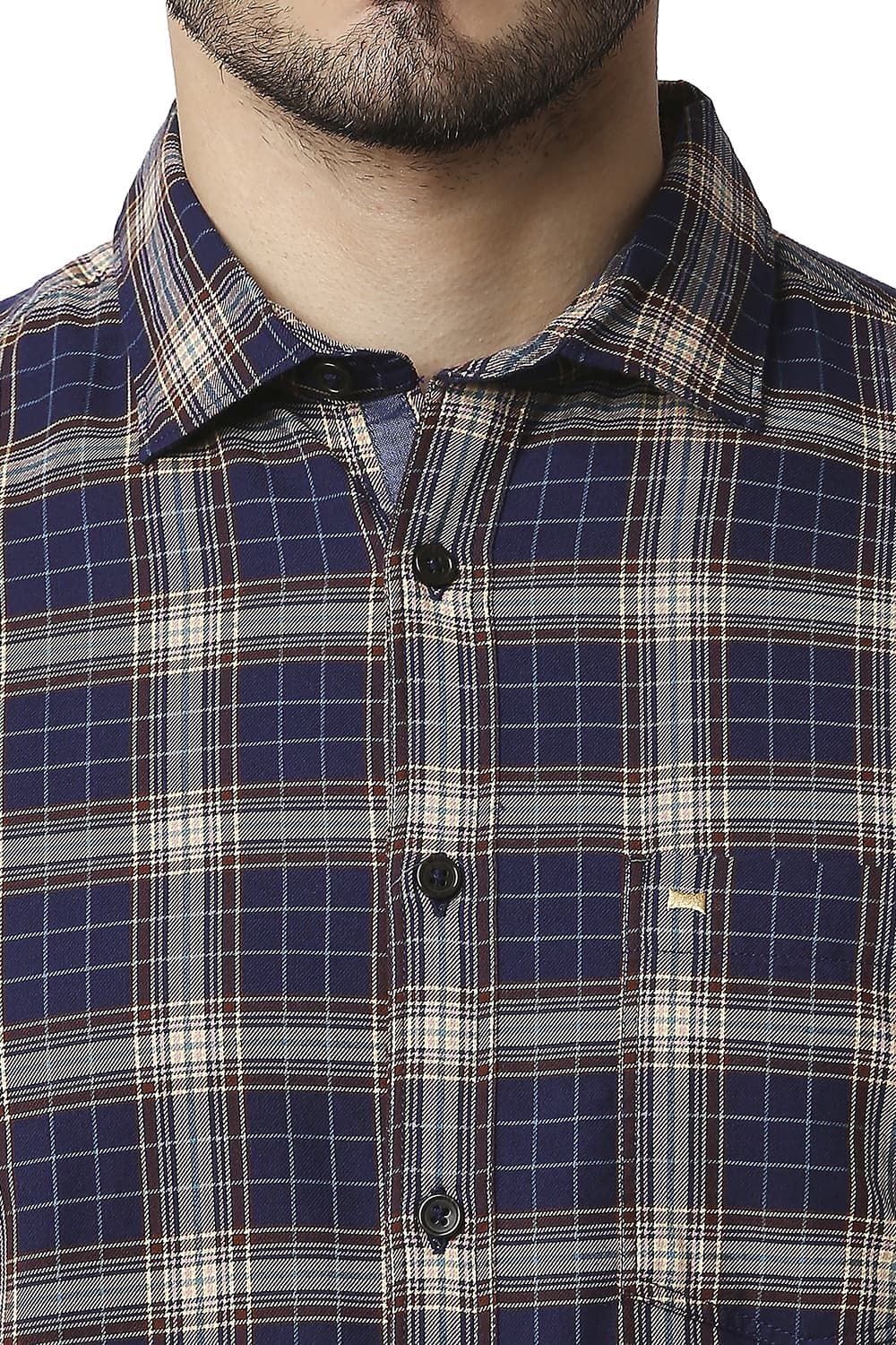 BASICS SLIM FIT TWILL CHECKS HALFSLEEVES SHIRT