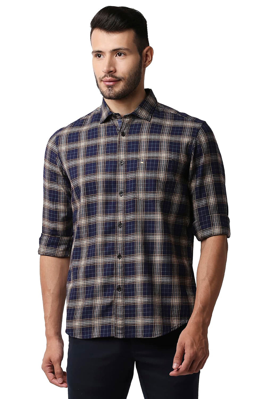 BASICS SLIM FIT TWILIGHT NAVY TWILL CHECKS SHIRT
