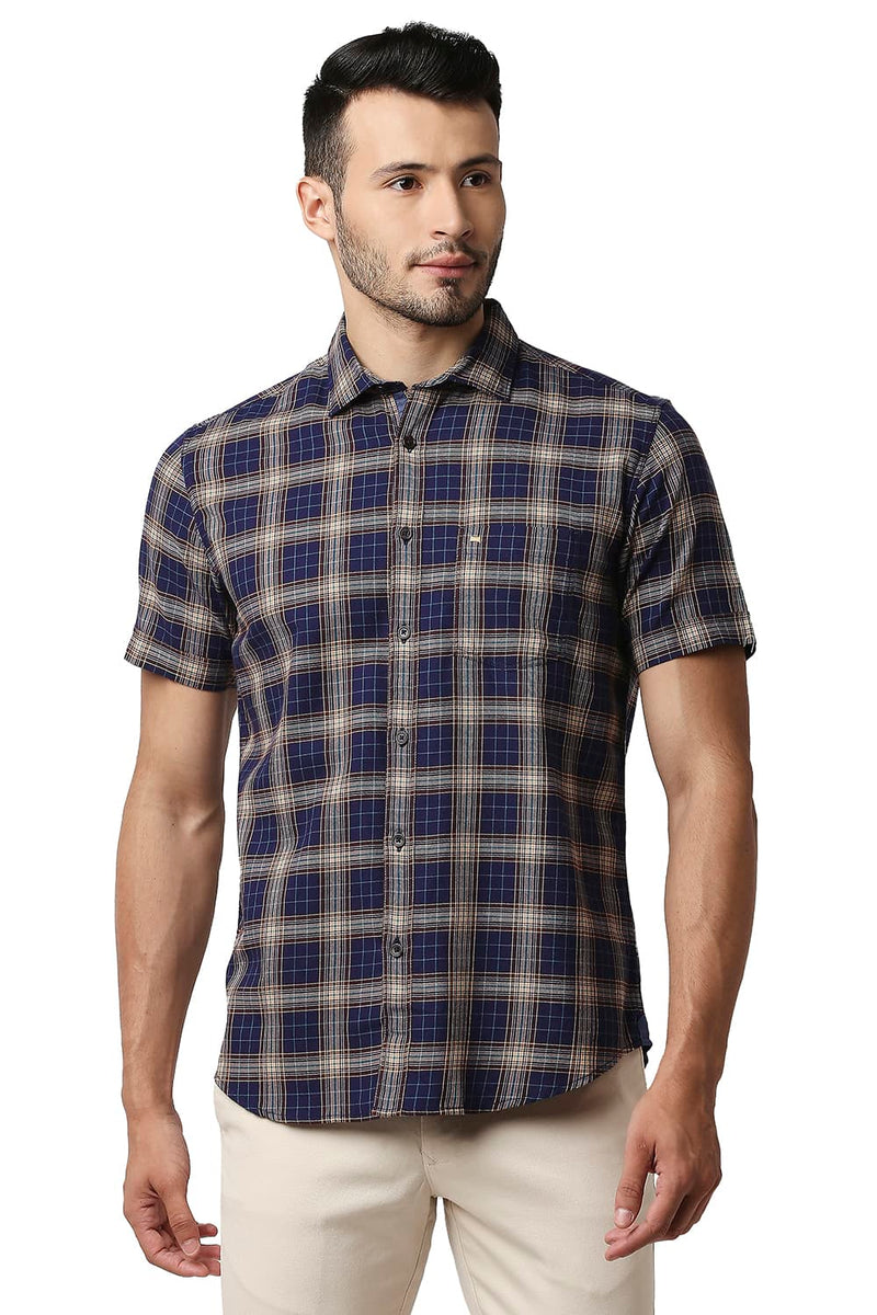 BASICS SLIM FIT TWILL CHECKS HALFSLEEVES SHIRT