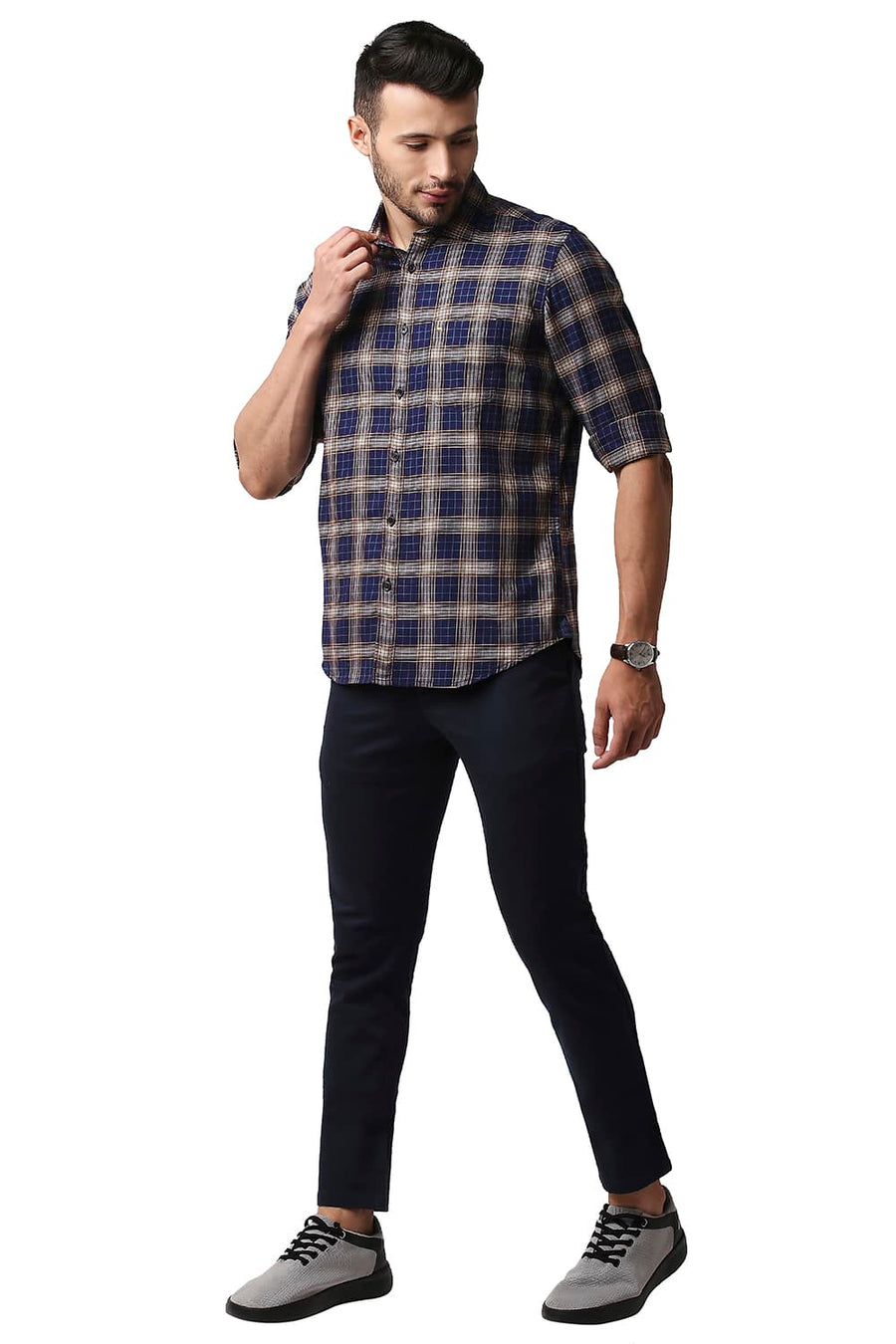 BASICS SLIM FIT TWILIGHT NAVY TWILL CHECKS SHIRT