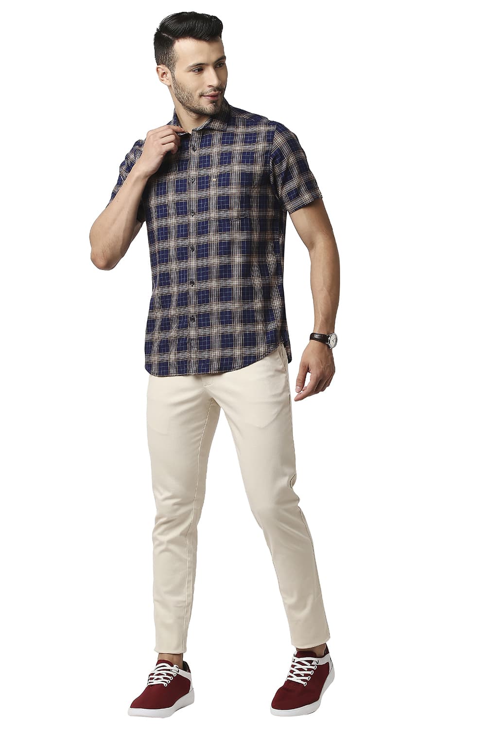 BASICS SLIM FIT TWILL CHECKS HALFSLEEVES SHIRT