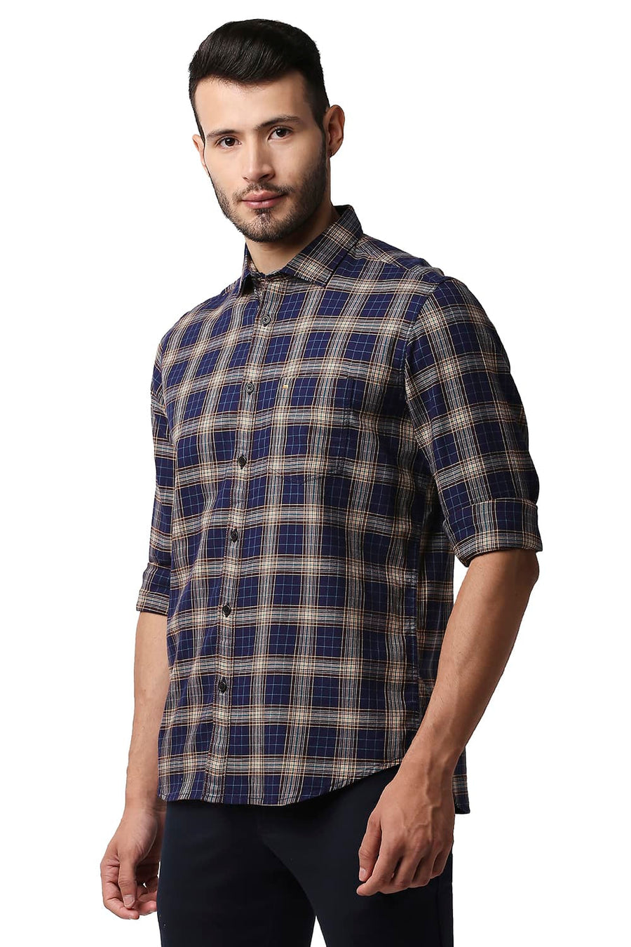 BASICS SLIM FIT TWILIGHT NAVY TWILL CHECKS SHIRT