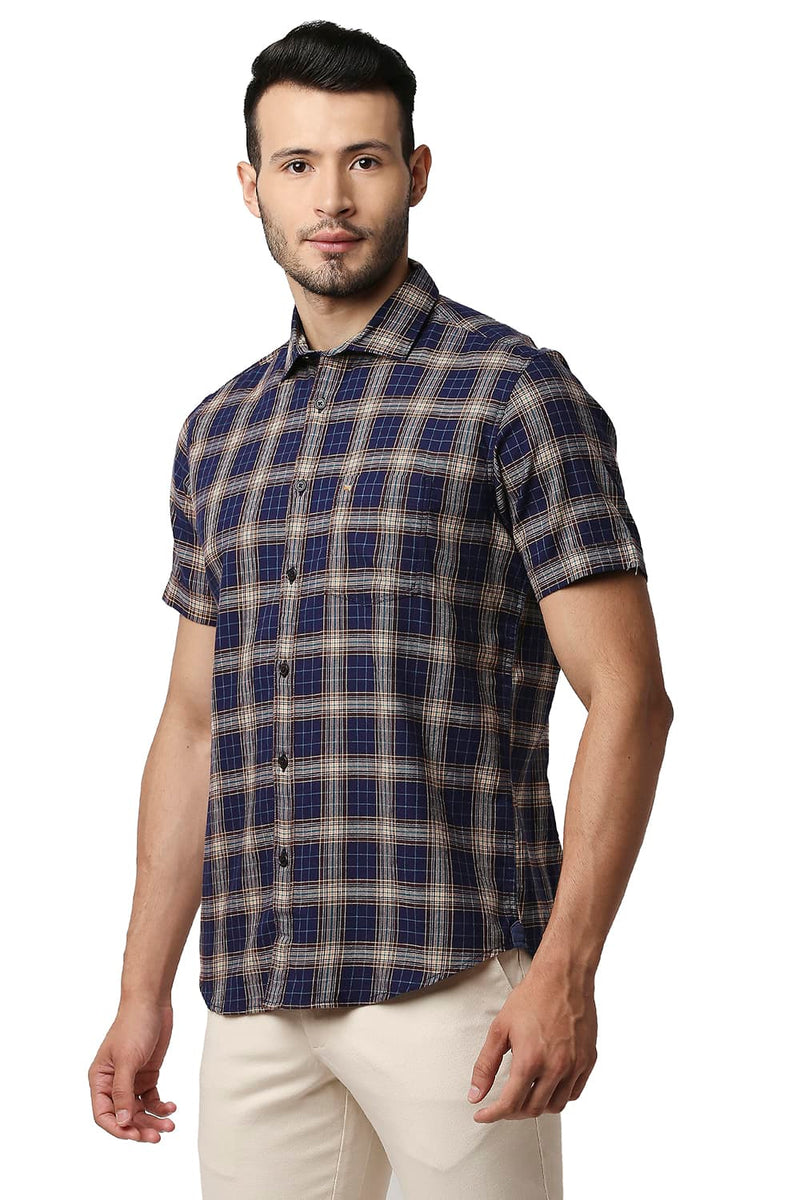 BASICS SLIM FIT TWILL CHECKS HALFSLEEVES SHIRT