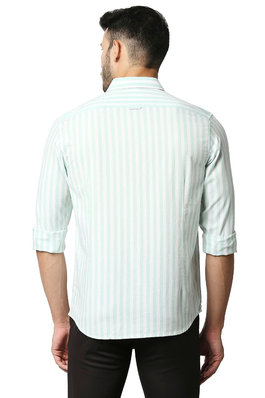 BASICS SLIM FIT HONEYDEW GREEN HERRING BONE STRIPE SHIRT