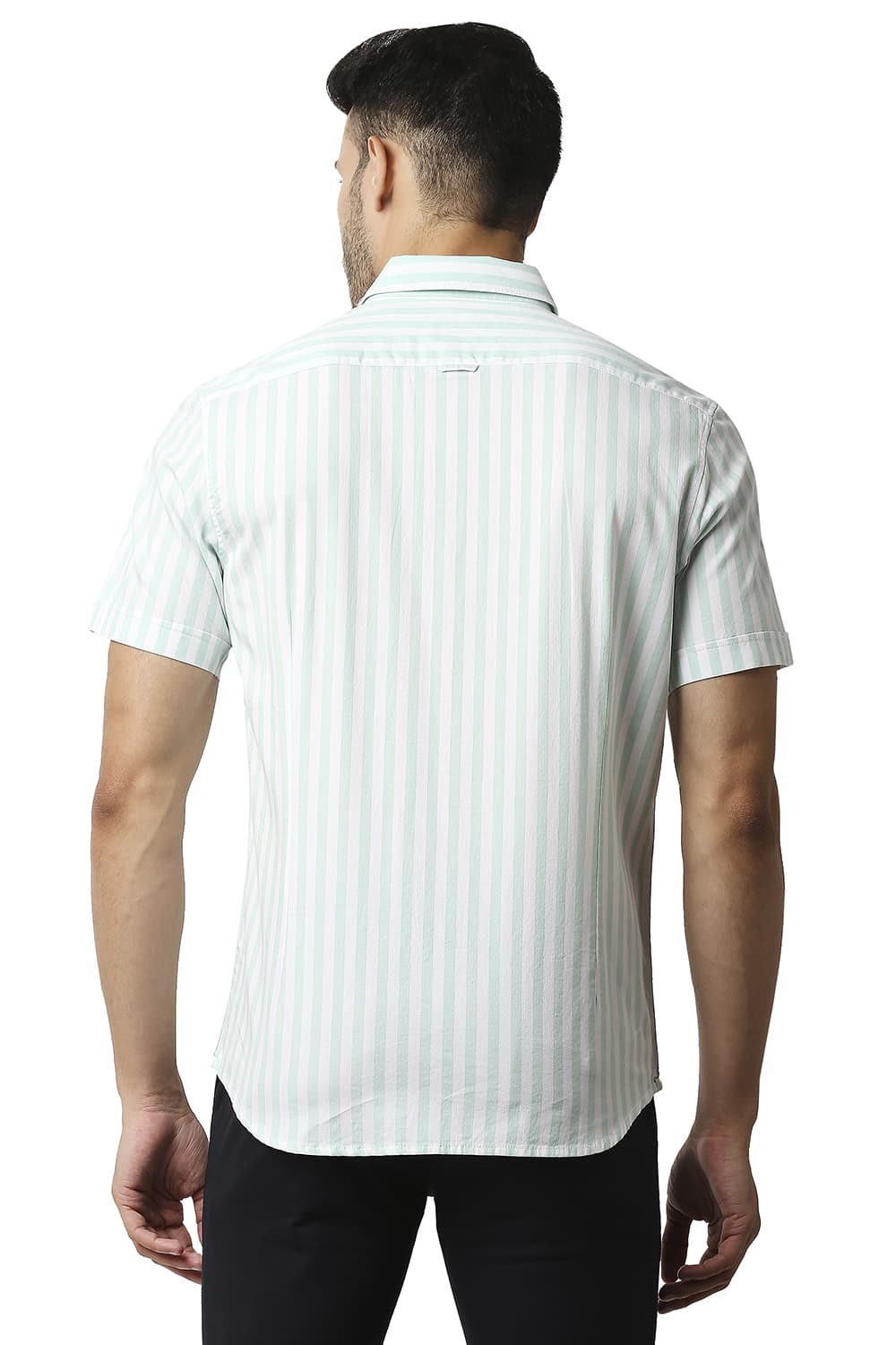 BASICS SLIM FIT HERRING BONE STRIPE HALFSLEEVES SHIRT