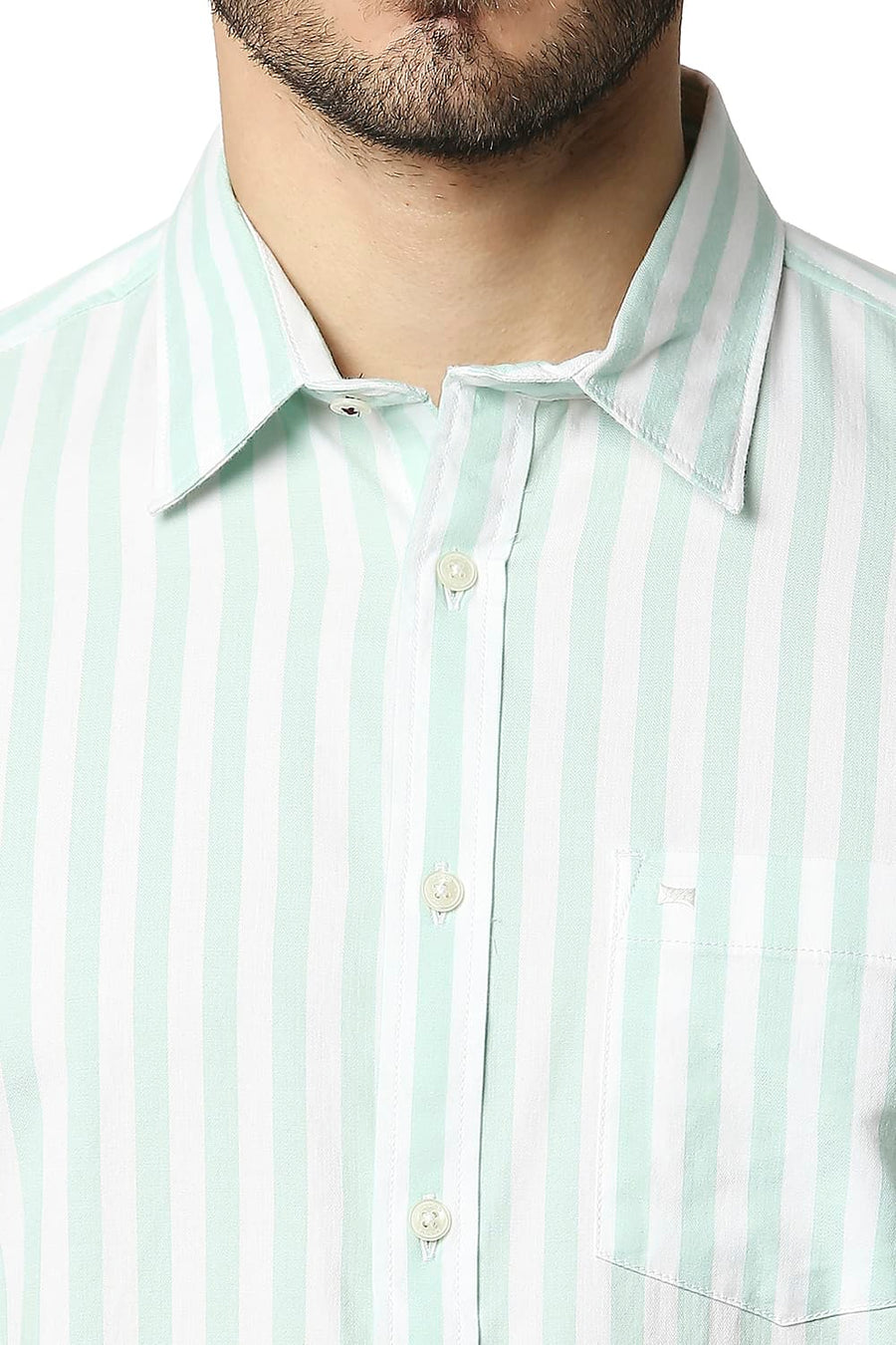 BASICS SLIM FIT HONEYDEW GREEN HERRING BONE STRIPE SHIRT