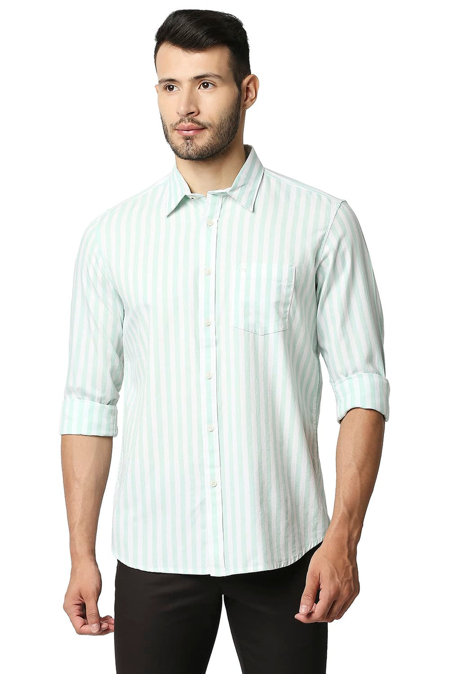 BASICS SLIM FIT HONEYDEW GREEN HERRING BONE STRIPE SHIRT
