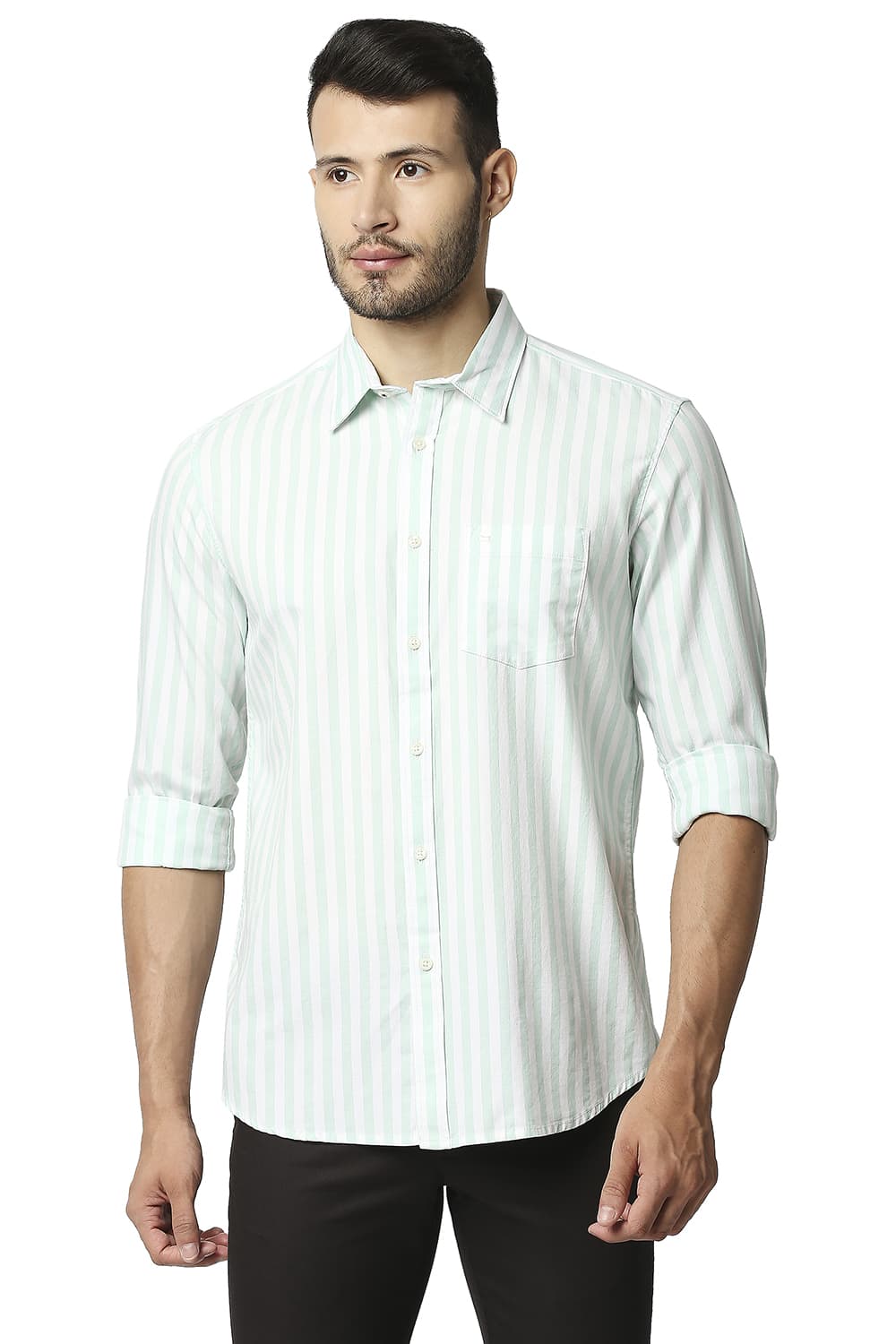 BASICS SLIM FIT HERRING BONE STRIPE SHIRT