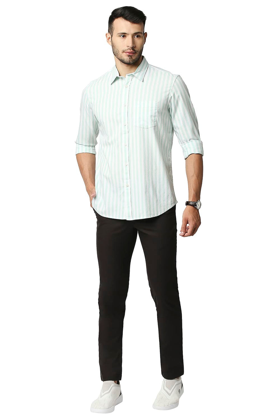 BASICS SLIM FIT HONEYDEW GREEN HERRING BONE STRIPE SHIRT