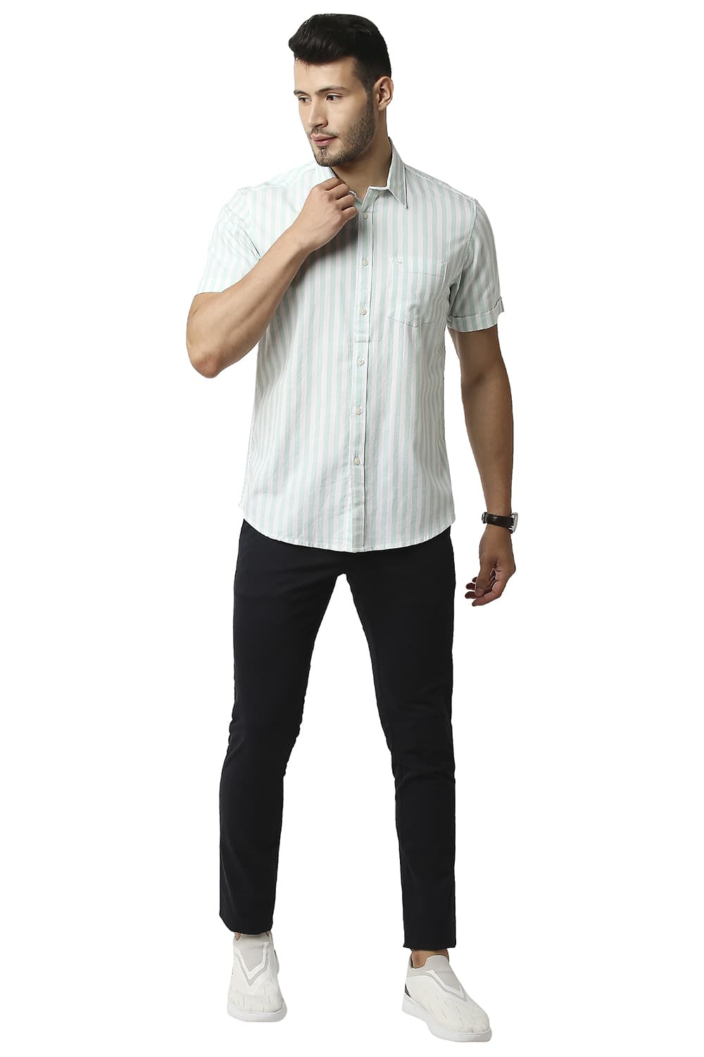 BASICS SLIM FIT HERRING BONE STRIPE HALFSLEEVES SHIRT