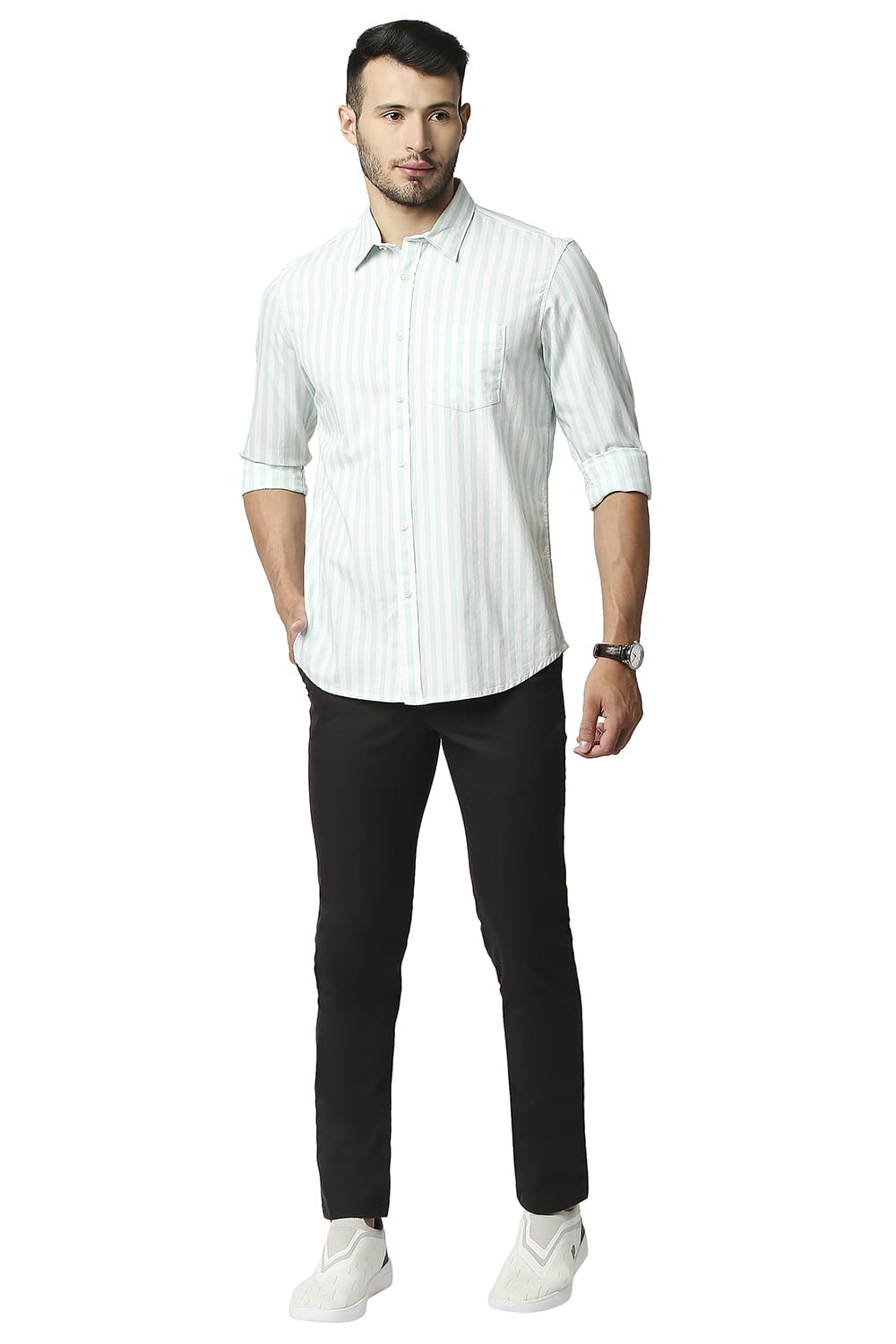 BASICS SLIM FIT HERRING BONE STRIPE SHIRT