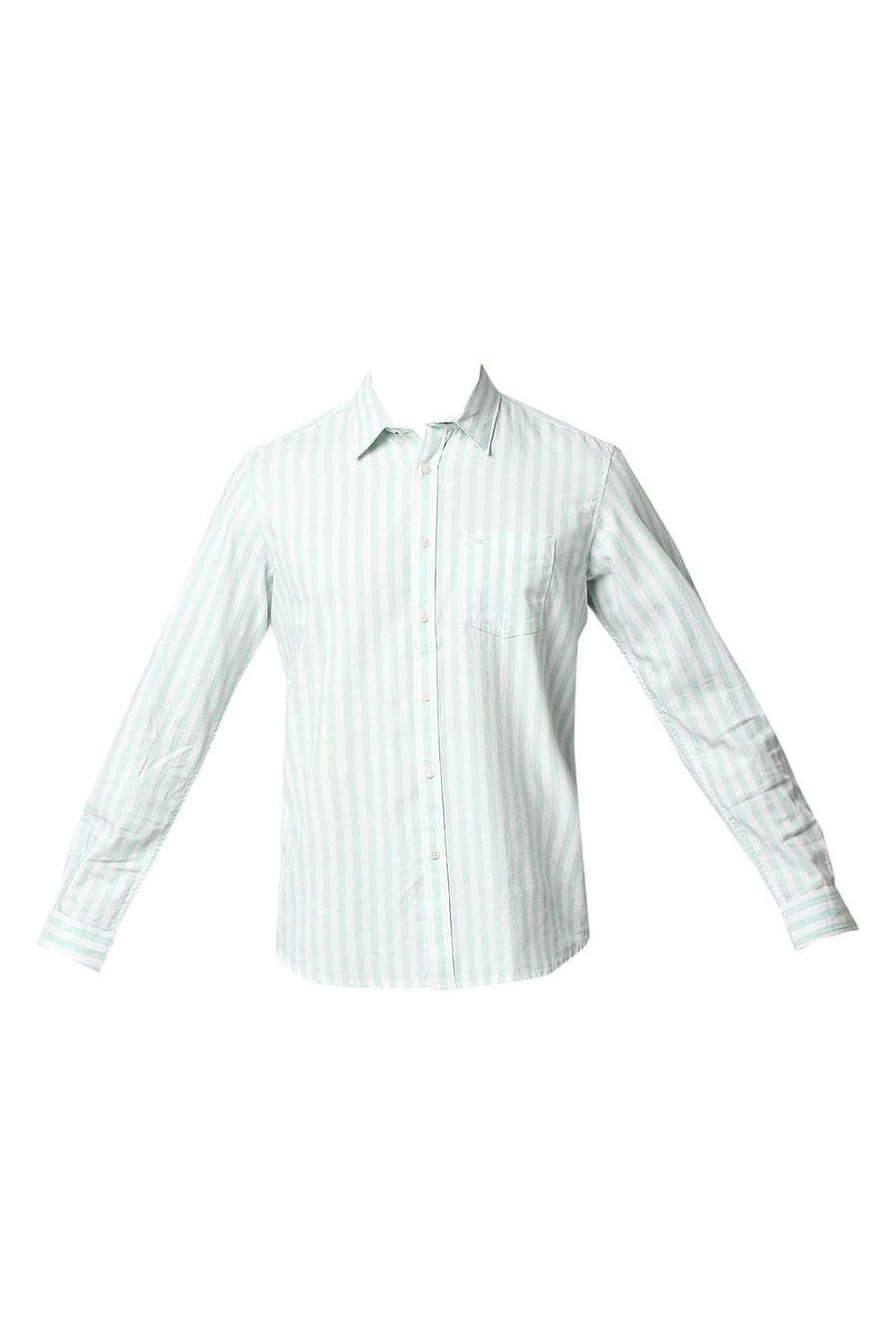 BASICS SLIM FIT HONEYDEW GREEN HERRING BONE STRIPE SHIRT