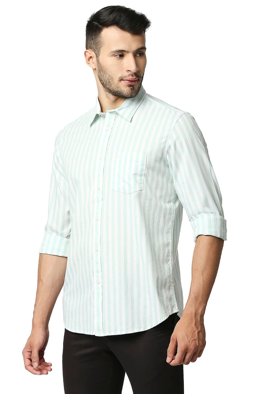 BASICS SLIM FIT HONEYDEW GREEN HERRING BONE STRIPE SHIRT