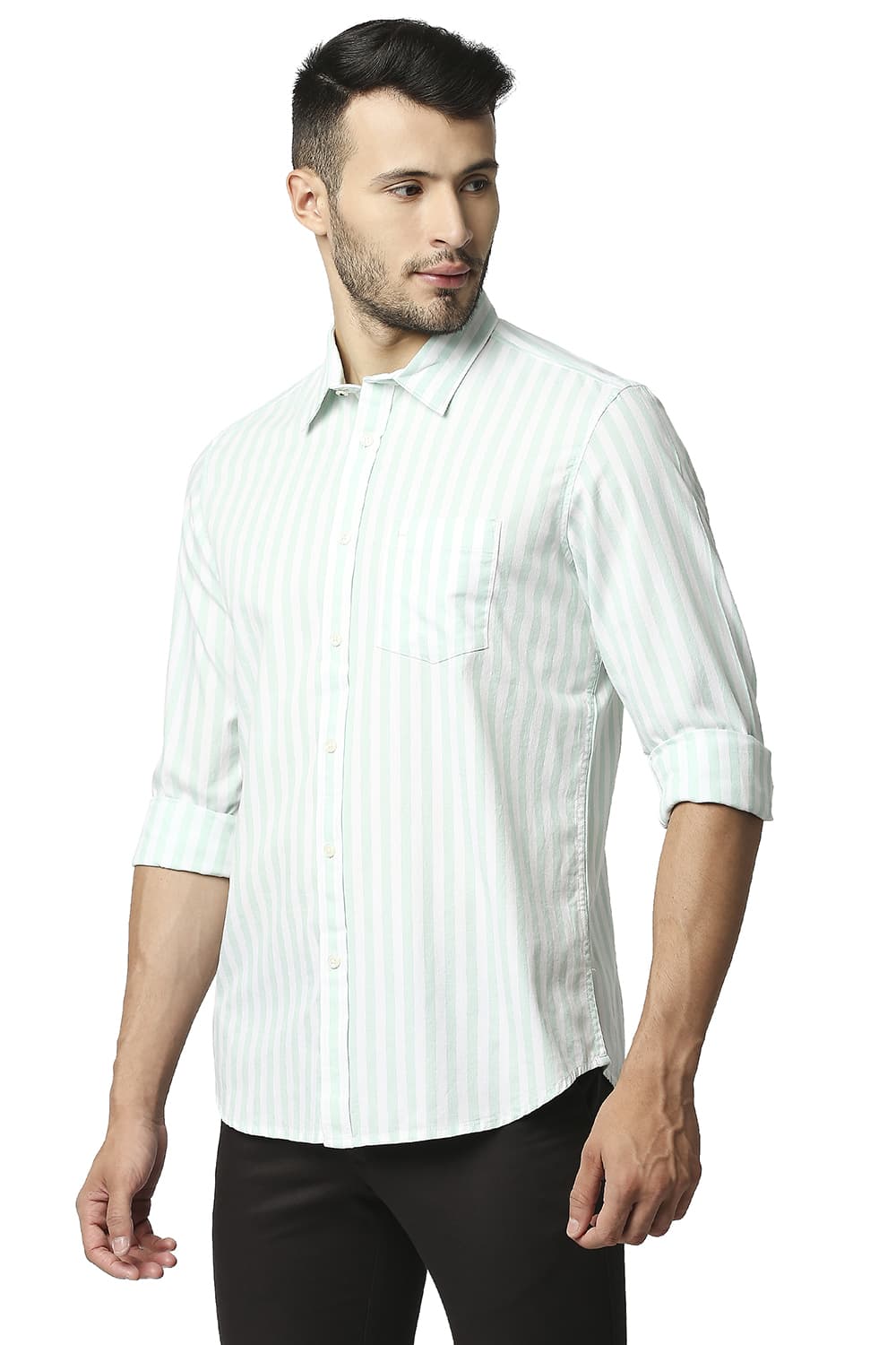 BASICS SLIM FIT HERRING BONE STRIPE SHIRT