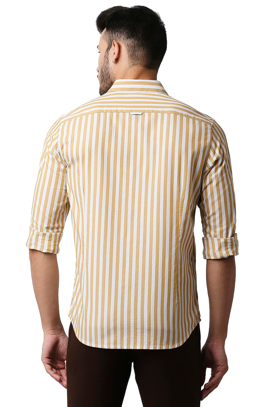 BASICS SLIM FIT ALMOND BEIGE HERRING BONE STRIPE SHIRT