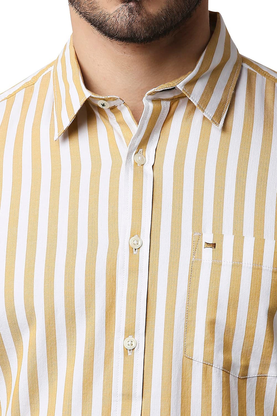 BASICS SLIM FIT ALMOND BEIGE HERRING BONE STRIPE SHIRT