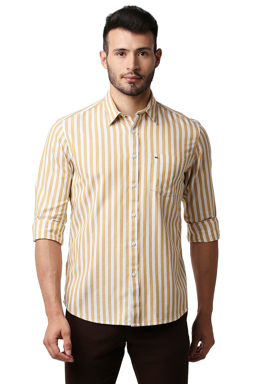 BASICS SLIM FIT ALMOND BEIGE HERRING BONE STRIPE SHIRT
