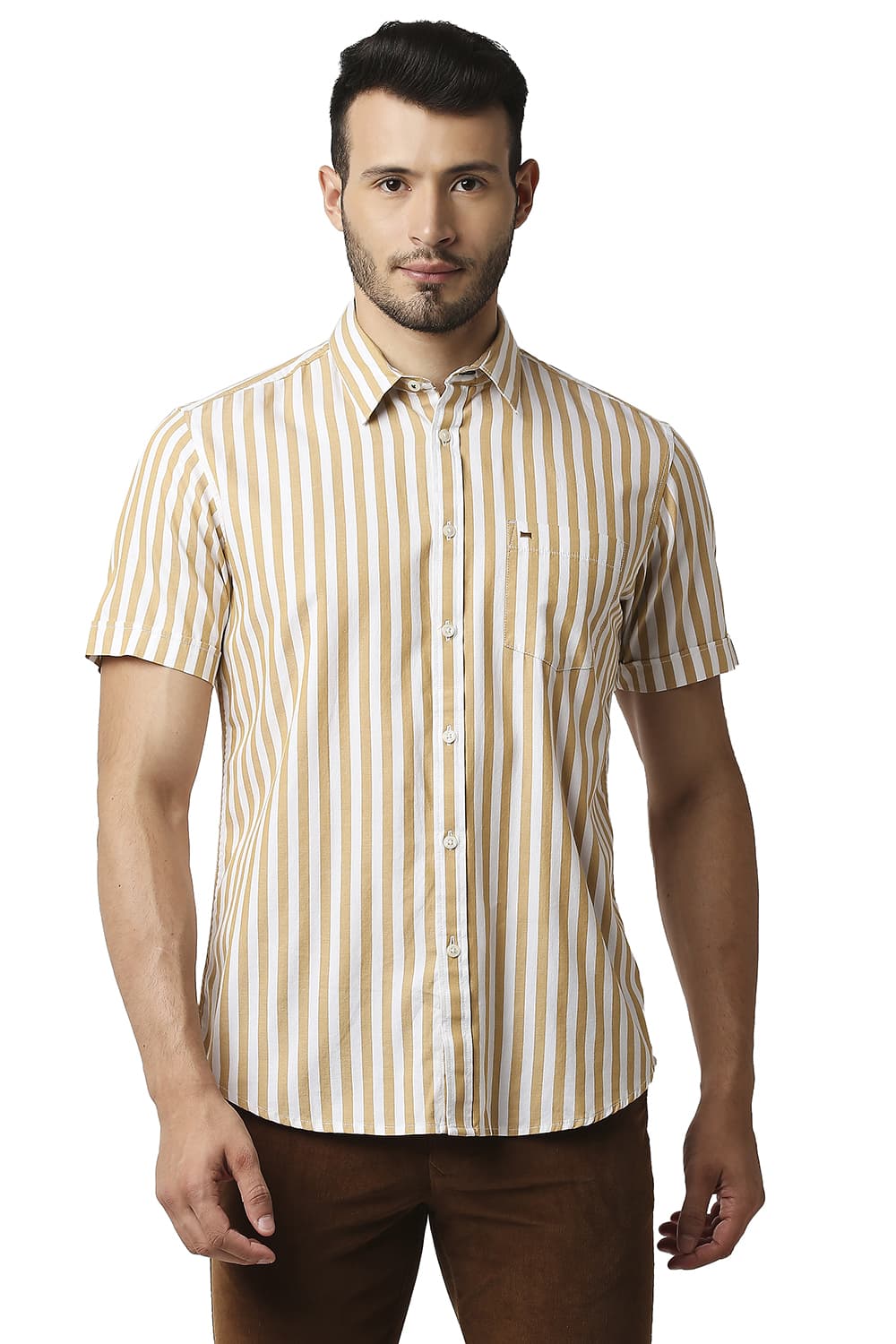 BASICS SLIM FIT HERRING BONE STRIPE HALFSLEEVES SHIRT