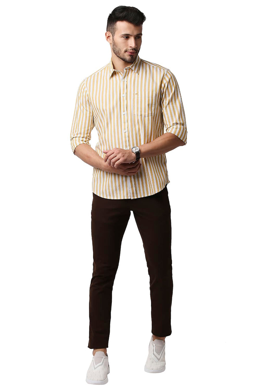BASICS SLIM FIT ALMOND BEIGE HERRING BONE STRIPE SHIRT