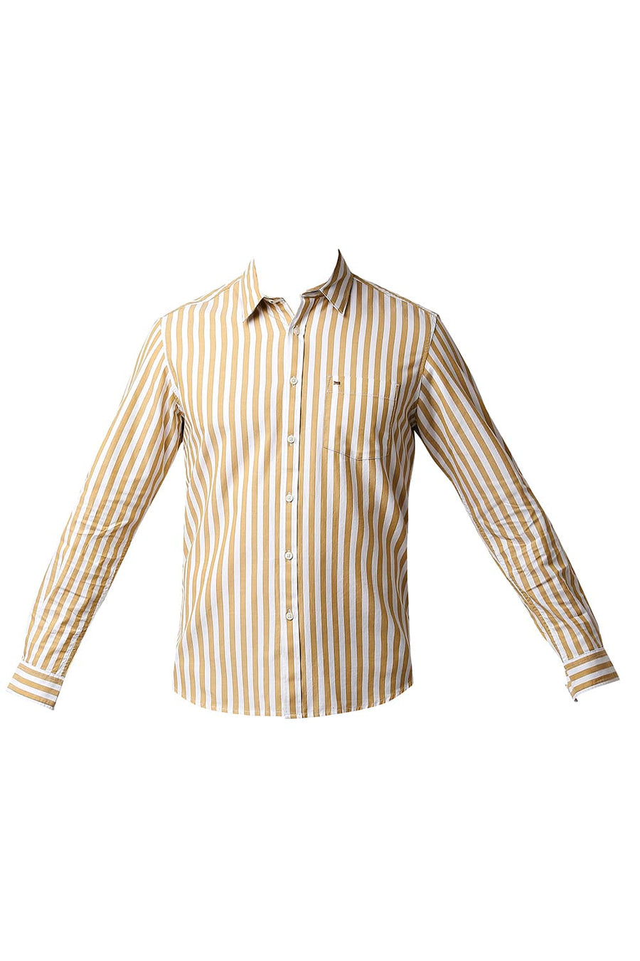 BASICS SLIM FIT ALMOND BEIGE HERRING BONE STRIPE SHIRT