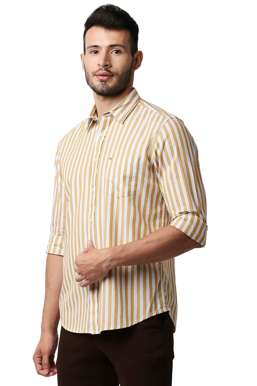 BASICS SLIM FIT ALMOND BEIGE HERRING BONE STRIPE SHIRT