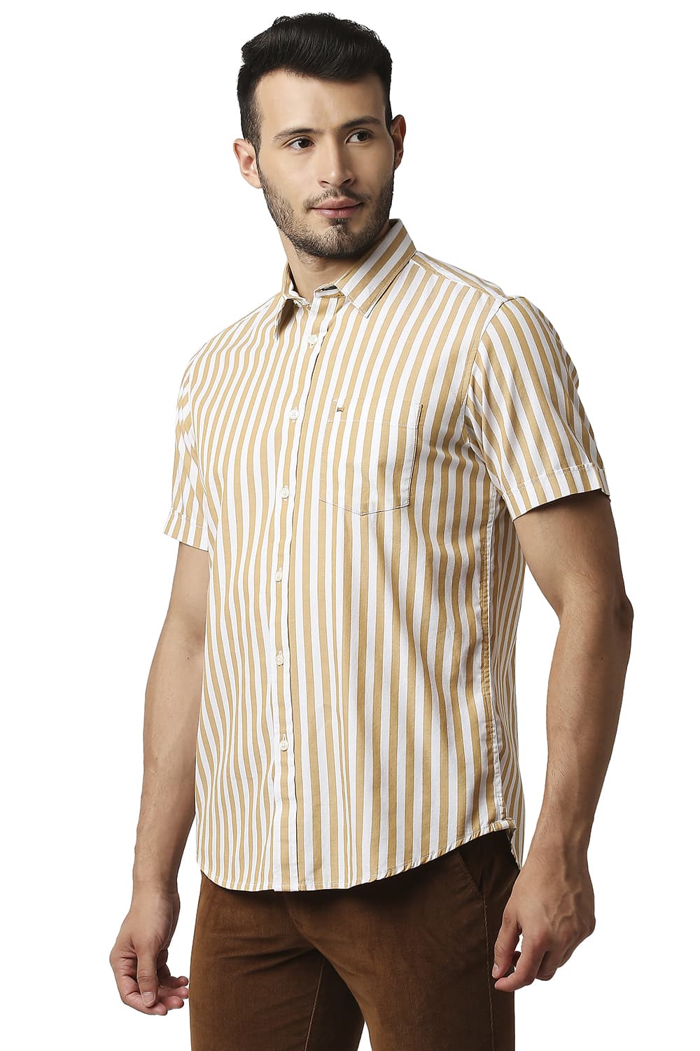 BASICS SLIM FIT HERRING BONE STRIPE HALFSLEEVES SHIRT