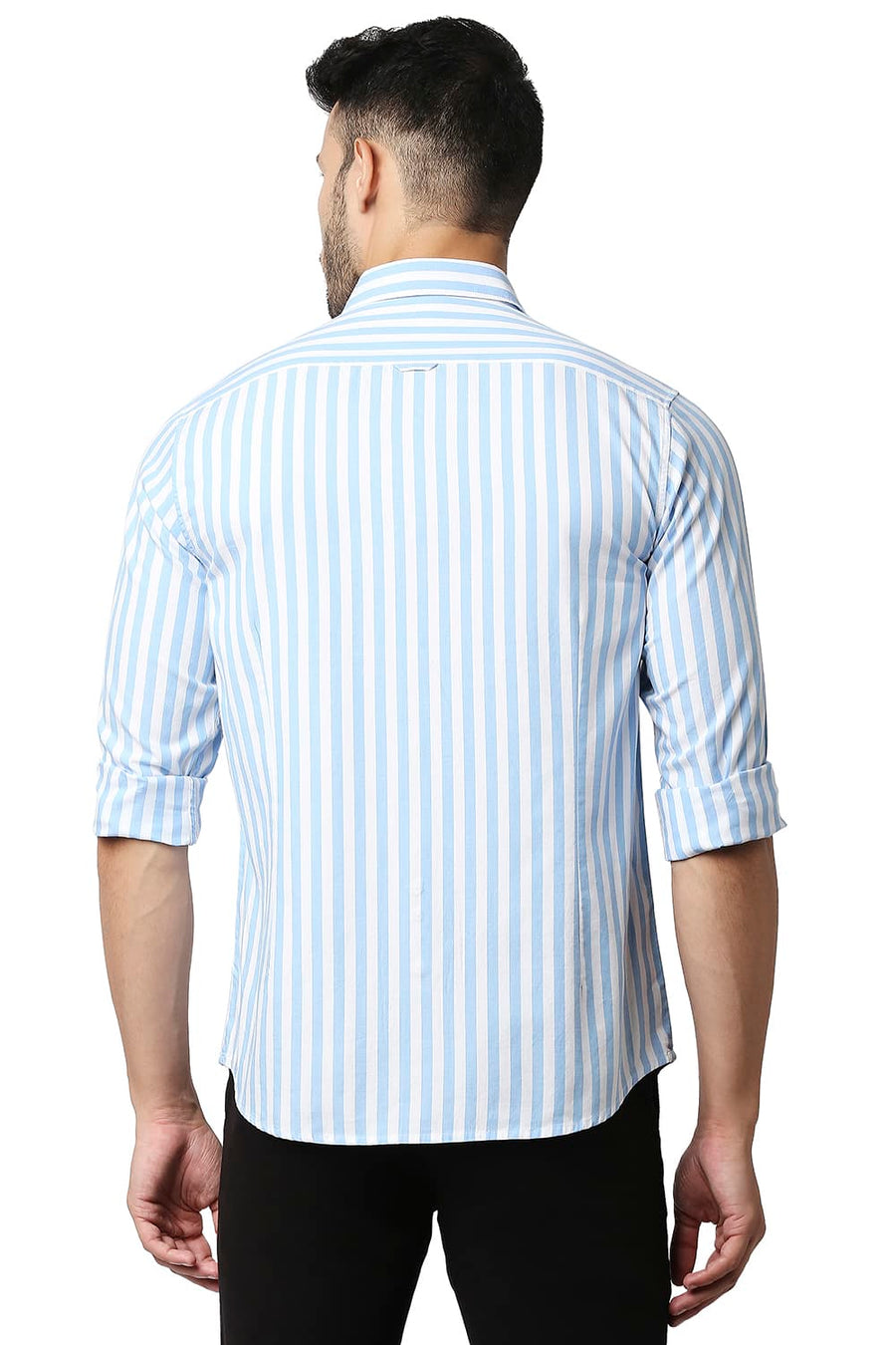 BASICS SLIM FIT ALASKAN BLUE HERRING BONE STRIPE SHIRT