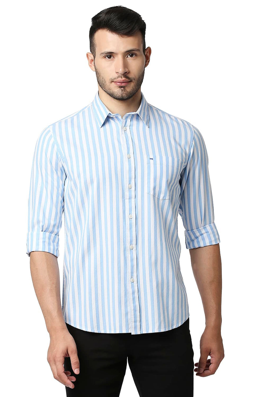 BASICS SLIM FIT ALASKAN BLUE HERRING BONE STRIPE SHIRT