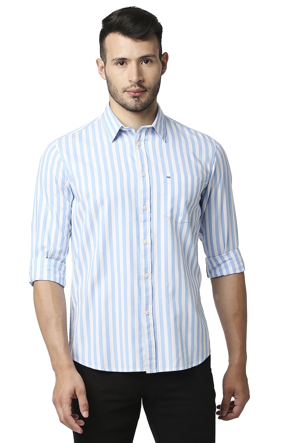 BASICS SLIM FIT HERRING BONE STRIPE SHIRT