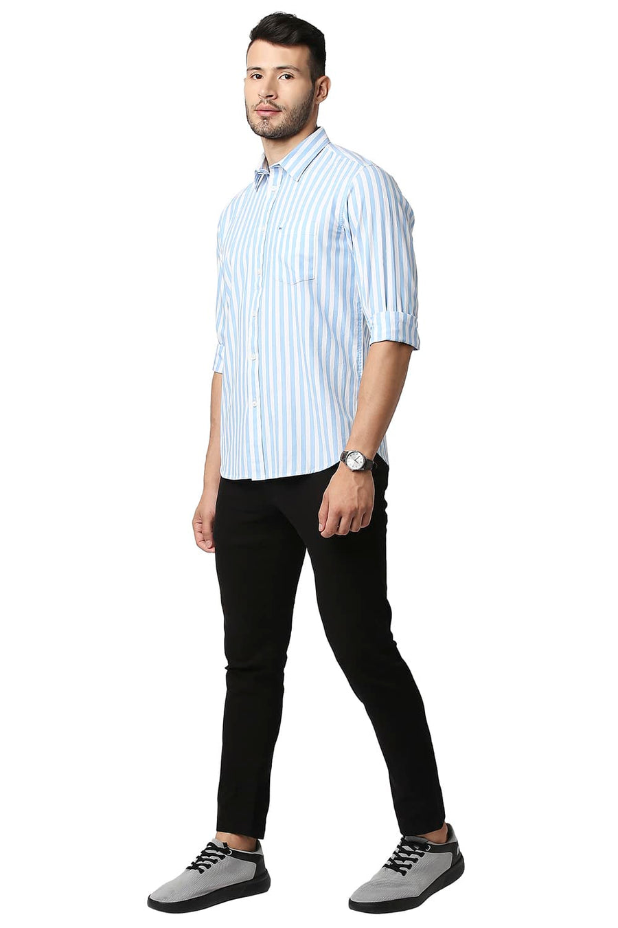 BASICS SLIM FIT ALASKAN BLUE HERRING BONE STRIPE SHIRT