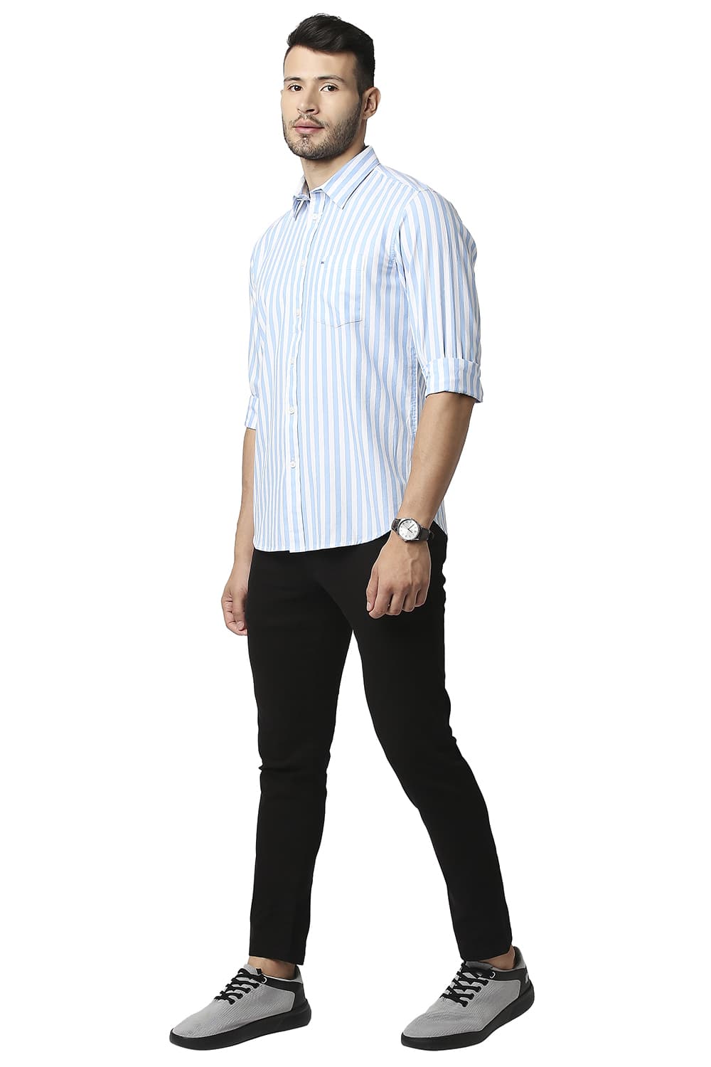 BASICS SLIM FIT HERRING BONE STRIPE SHIRT