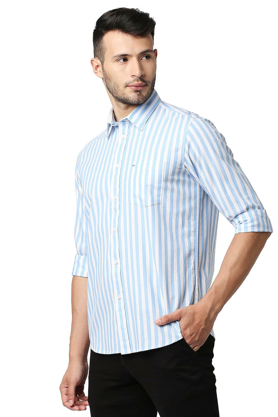 BASICS SLIM FIT ALASKAN BLUE HERRING BONE STRIPE SHIRT